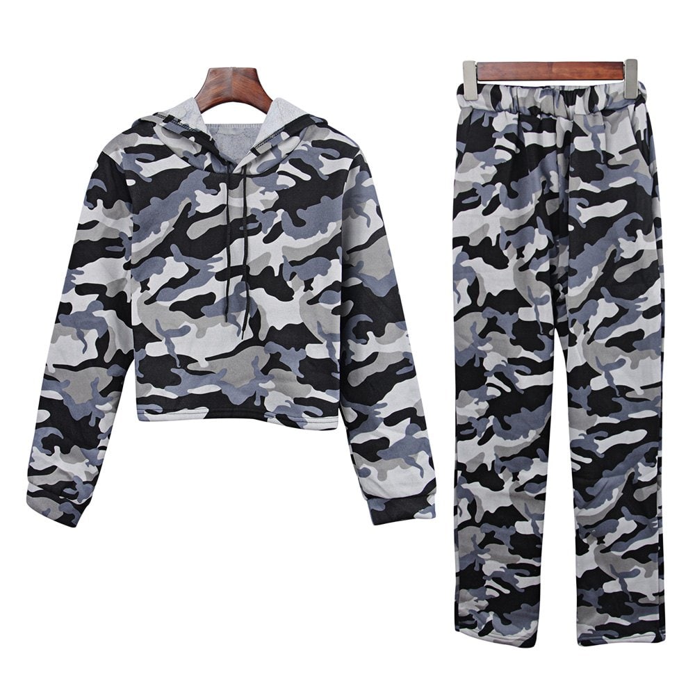 Fluffy Camo Cropped Hooded Top And Shorts Sets