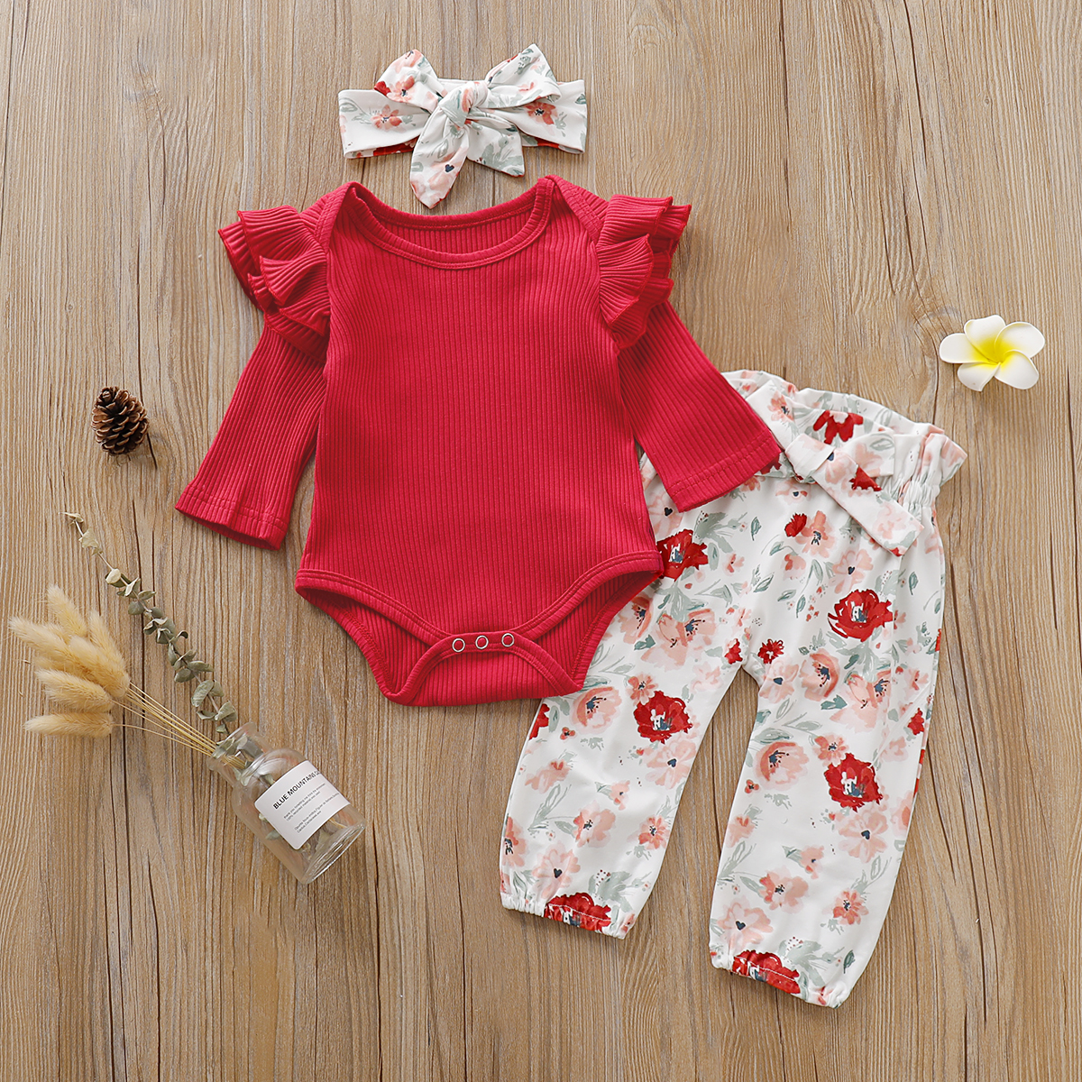 3-piece Baby Girl Solid Ruffled Long-sleeve Bodysuit and Floral Pants ...